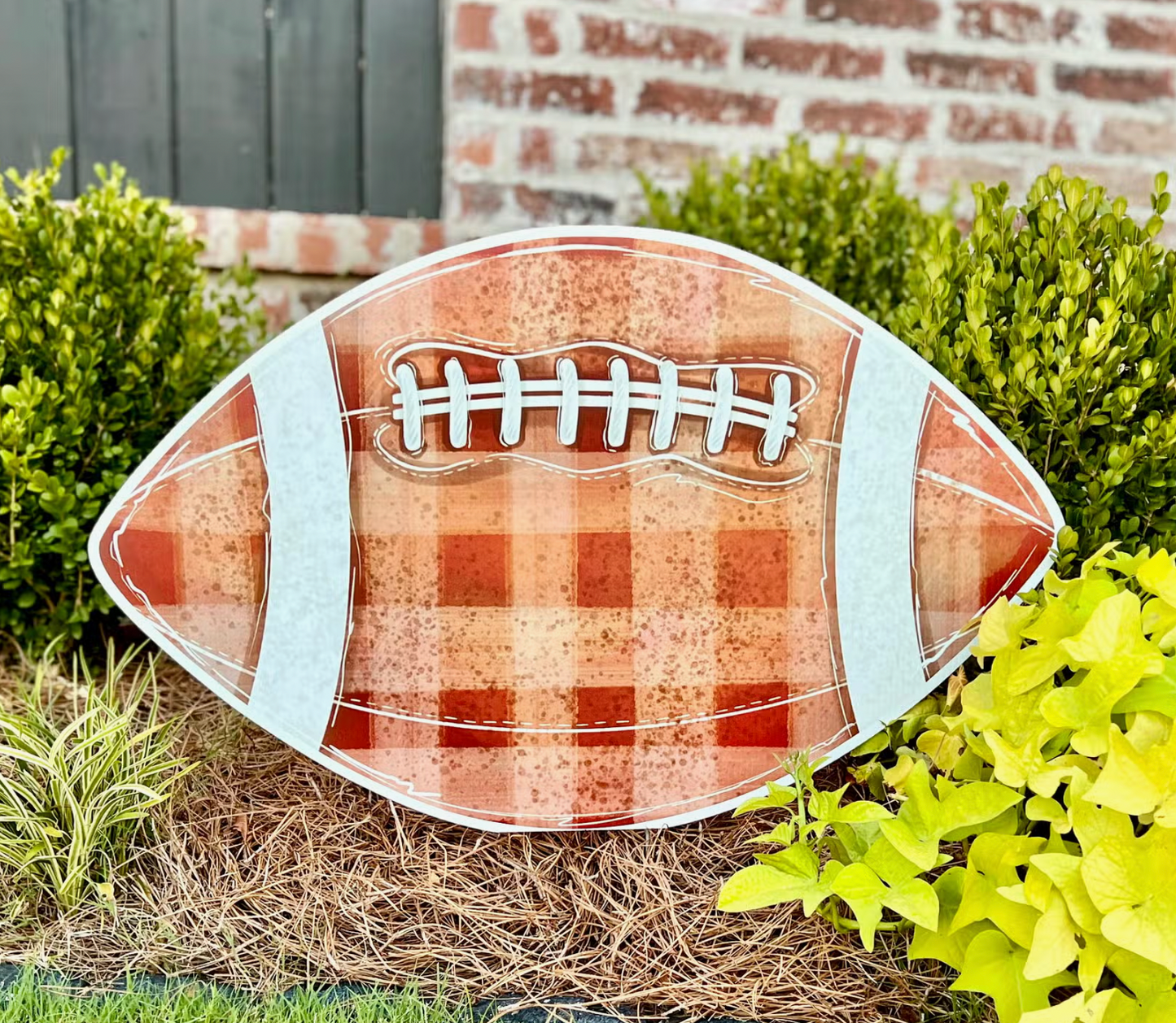 Brown Gingham Football Garden Stake