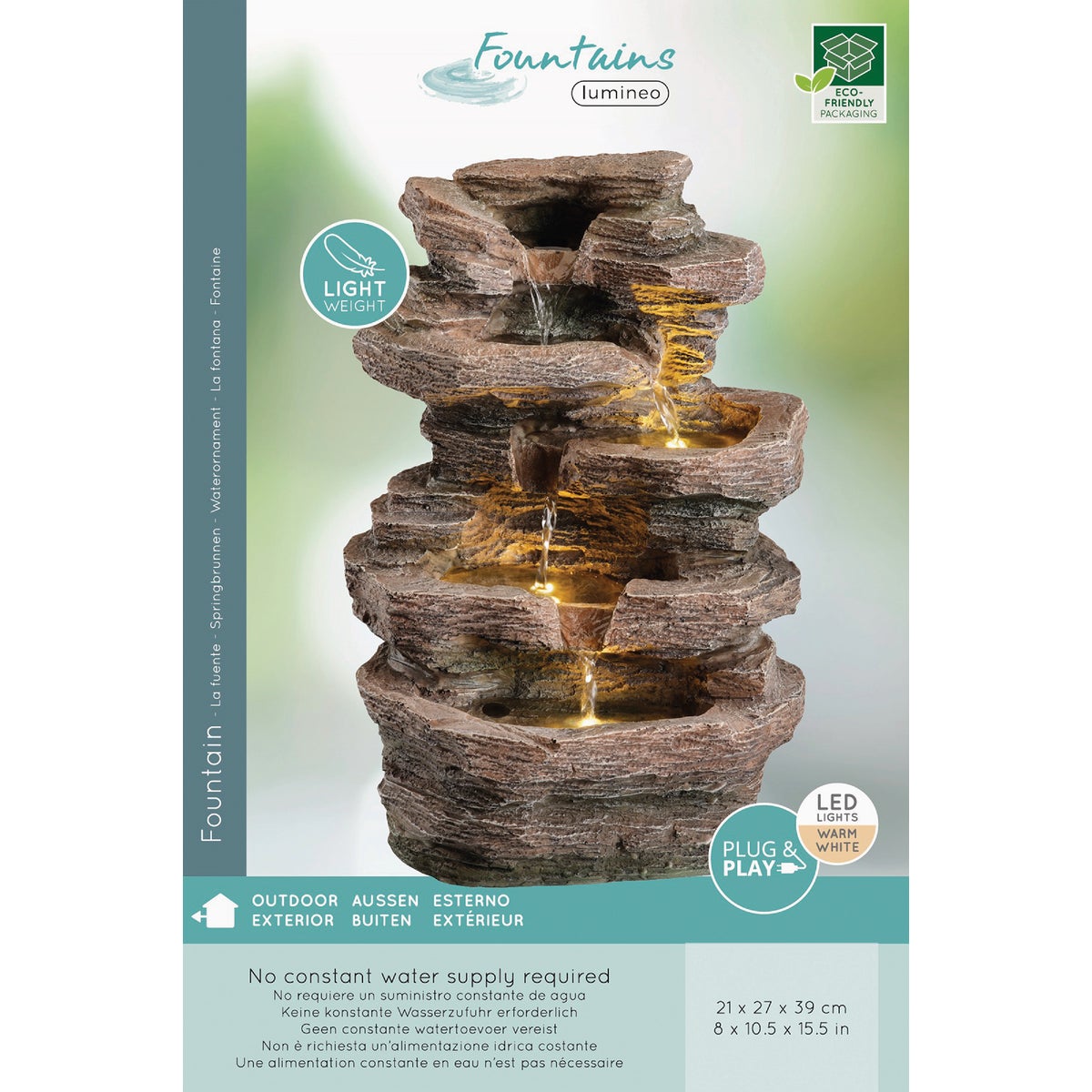 Lumineo 10.6 In. W. x 15.4 In. H. x 8.3 In. L. Polyresin Rock Waterfall Fountain