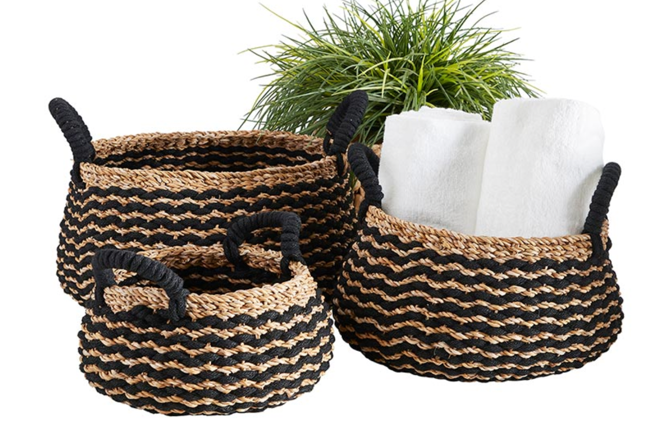Black Stripe Round Basket W/ Handle   ( Medium )
