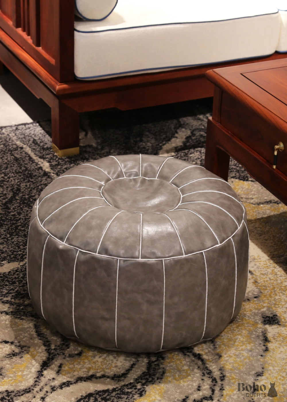 Grey Leather Ottoman Cover - 55x30cm - Decor